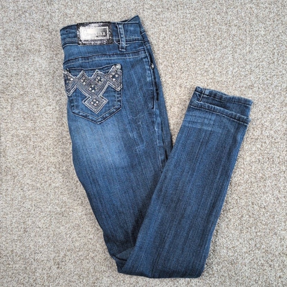 Grace In LA Womens Jeans Size 5/26 Embellished Pockets Skinny Low Rise Dark Wash